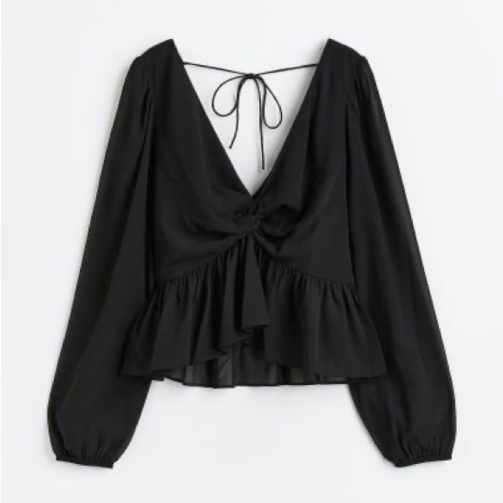 H&M Black Balloon Sleeved Peplum Blouse
